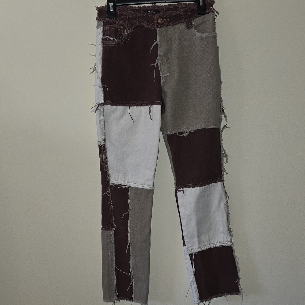 Jaded London Patchwork Boyfriend Jeans - Brown and White - Picture 3 of 7